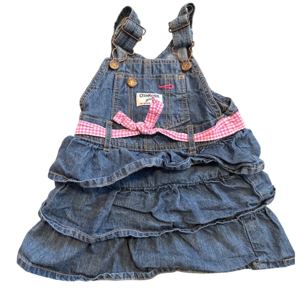 OshKosh Bgosh Girls Denim Ruffle Jumper Dress 24 Months Pink‎ Gingham Bow